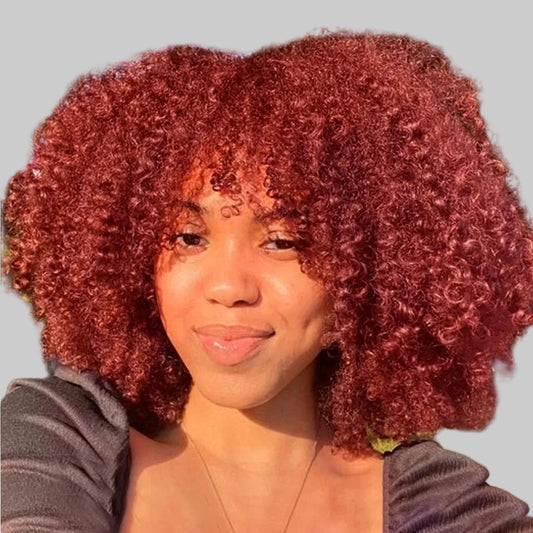 Ginger Highlight Afro Kinky Curly Human Hair Bob Wig with Bangs - 250% Density Full Machine-Made Glueless Short Wig - 100% Brazilian Remy Human Hair P4/27 & Ginger Jerry Curly Fringe Wig for Women Luxegan