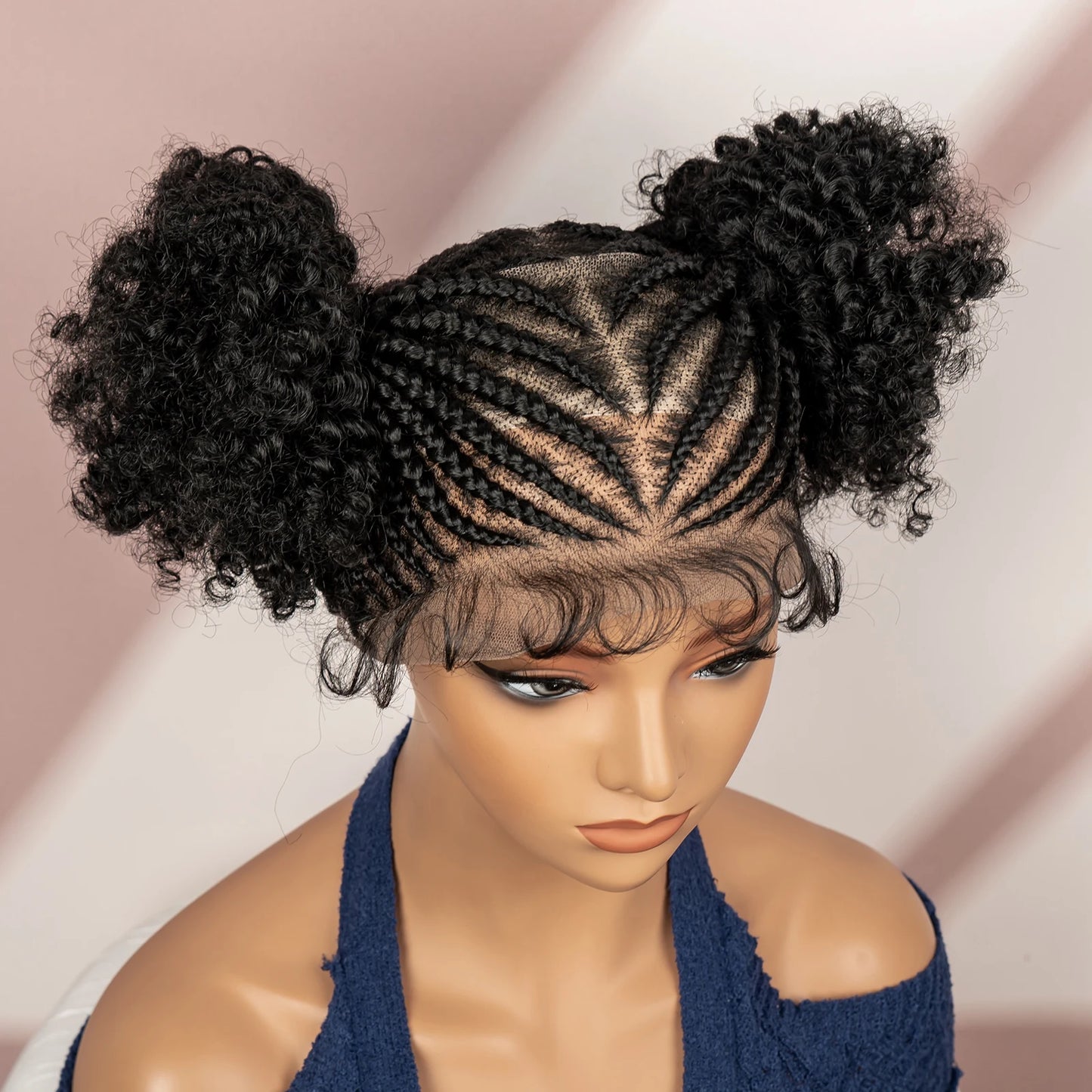 6" Short Afro Curly Wig | Twin Buns | 360 Lace | Cornrows | For Black Women