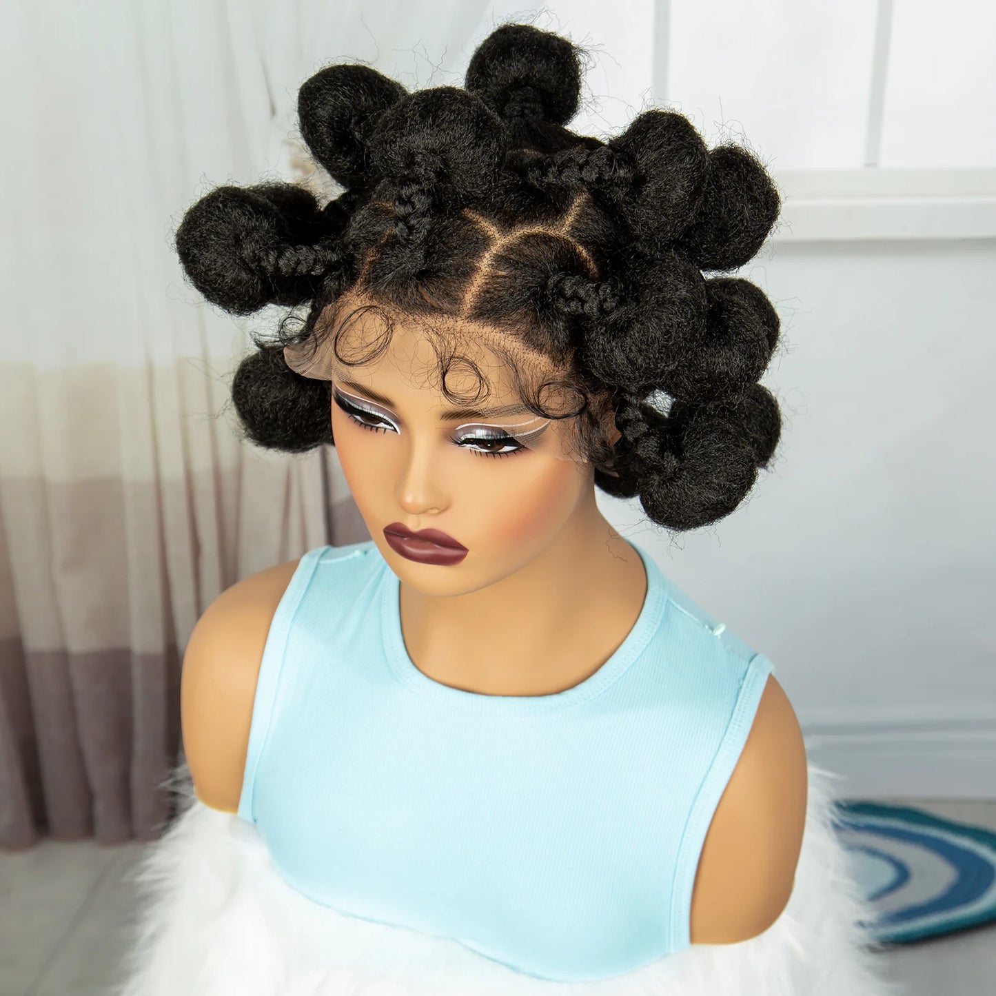 Short Cute Handmade Bantu Knotless Braids Wig | Transparent Full Lace Frontal Luxegan