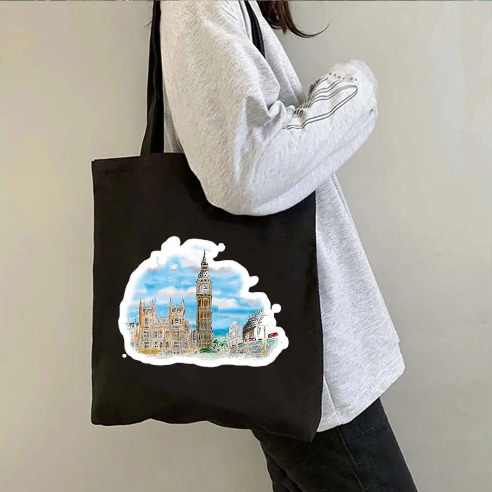 London Big Ben England Map Flag Canvas Tote Bag | UK City Landscape Skyline Shoulder Shopping Handbag (Women's Tourist Gift) Luxegan