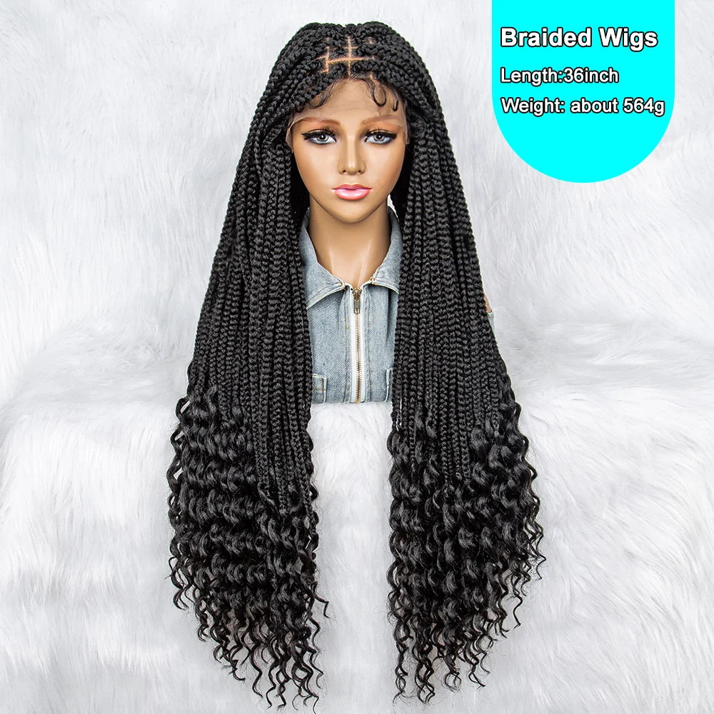 36" Knotless Cornrow Braids Wig | Lace Front with Curly Ends & Baby Hair Luxegan
