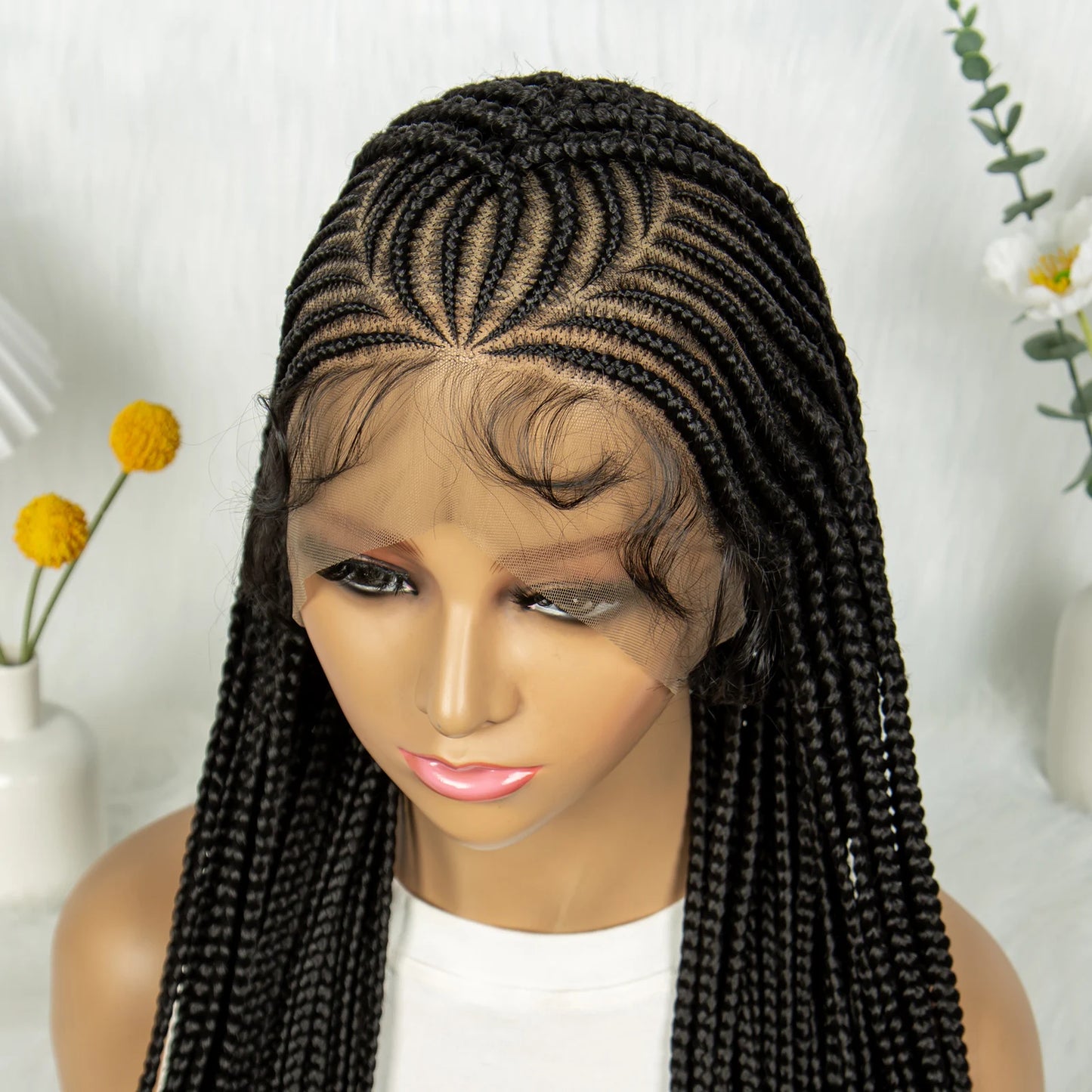 HD Transparent Full Lace Cornrow Knotless Box Braids Wig | Synthetic Goddess Braided Wig for Black Women Luxegan