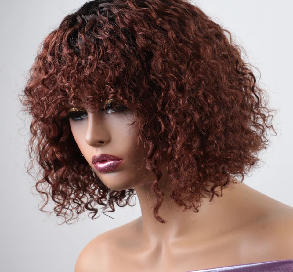 Brown Ombre Afro Kinky Curly Bob Human Hair Wig with Bangs | Brazilian Remy Loose Deep Wavy Wigs for Women Luxegan