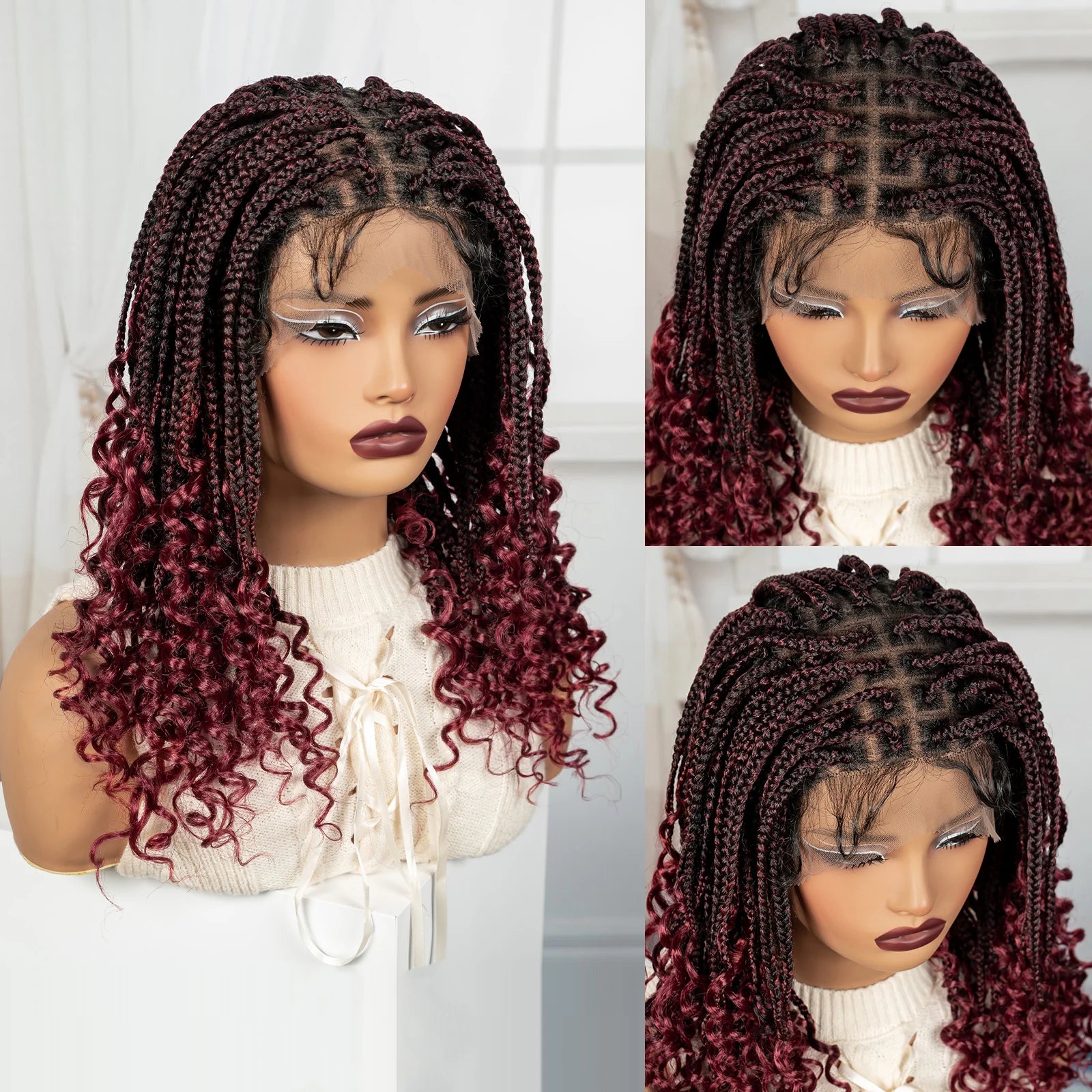 Burgundy Boho Knotless Braids Bob Wig with Curly Ends | Full Lace Luxegan