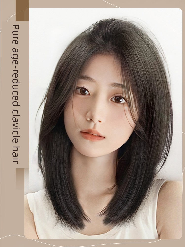 Women's Long Hair Lace Eight-Word Bangs Collarbone Length Wig | Artificial Full Real Human Hair Seamless Full-Head Wig Luxegan