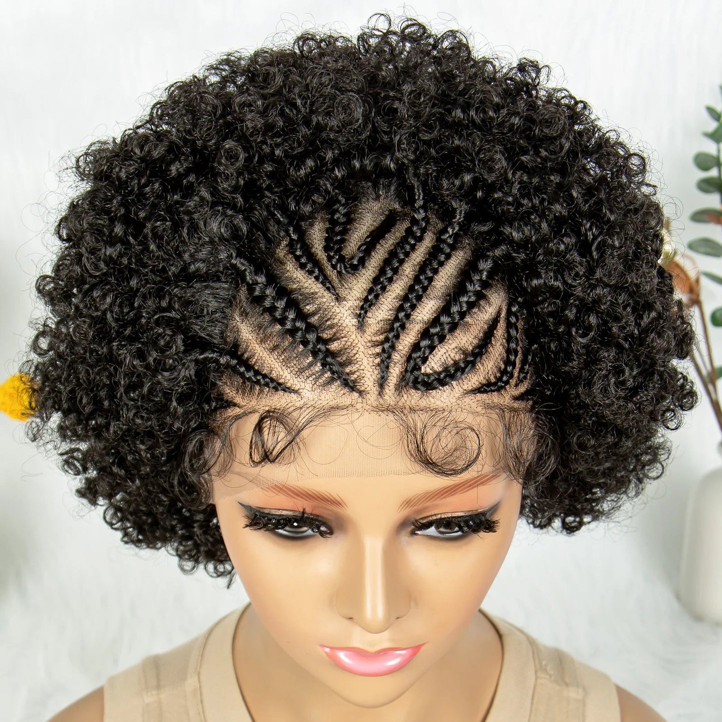 8" Afro Kinky Curly Bob Braided Wig | 13x4 Lace Frontal | Half Cornrows | Synthetic Braids for Black Women Luxegan