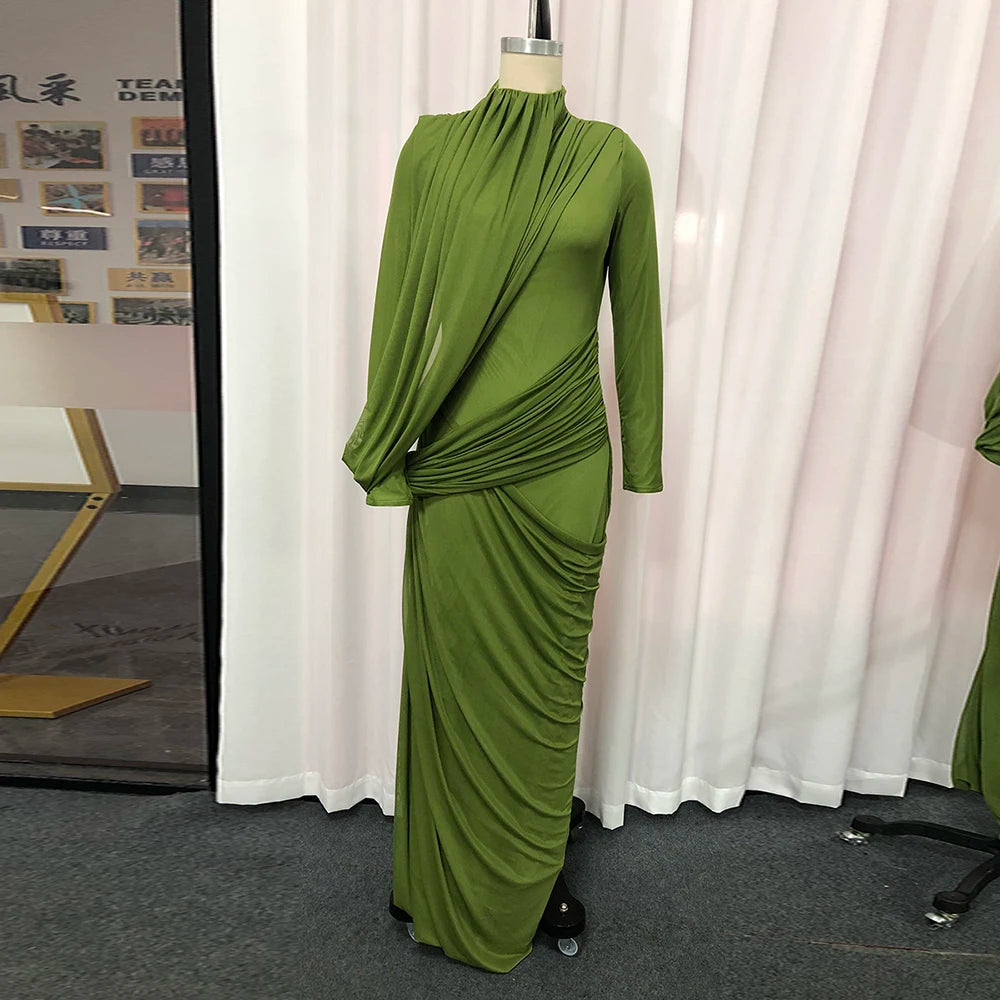Shirring Spliced Irregular Hem Maxi Dress | Stand Neck Long Sleeve Slim Sheath Dress Luxegan