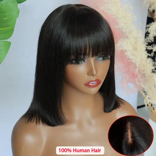 Malaysian Straight Bob Lace Wig with Bangs | Middle Part Glueless Human Hair Luxegan
