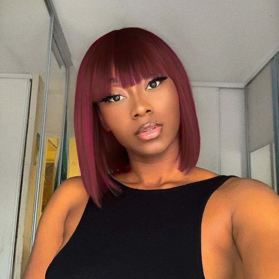 Rebecca Orange Blonde & 99J Red Straight Bob Wig with Bangs | Human Hair Machine Made Luxegan