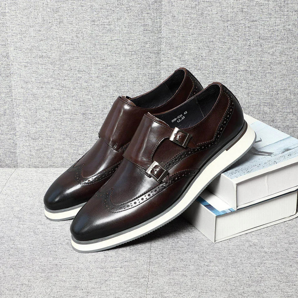 Luxury Men's Double Buckle Monk Strap Flats | Genuine Leather Casual Walk Shoes (Dark Brown, Black) Luxegan