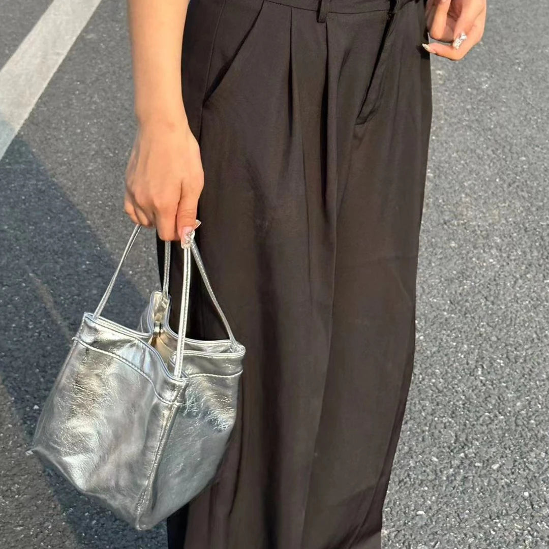 PU Leather Solid Bucket Bag | Soft Silver Fashionable Lunch Box Handbag Luxegan
