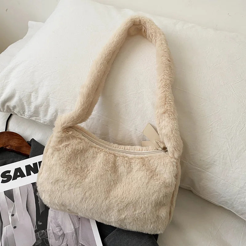 Simple Design Women's Soft Plush Hobo Shoulder Bag | Winter Furry Ladies Clutch Purse & Handbag (Fashion Female Underarm Bag) Luxegan