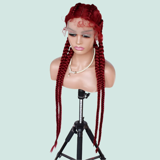99J Burgundy Box Braids Wig | 360 Lace Braided Wig | 4 Braids | Synthetic Hair