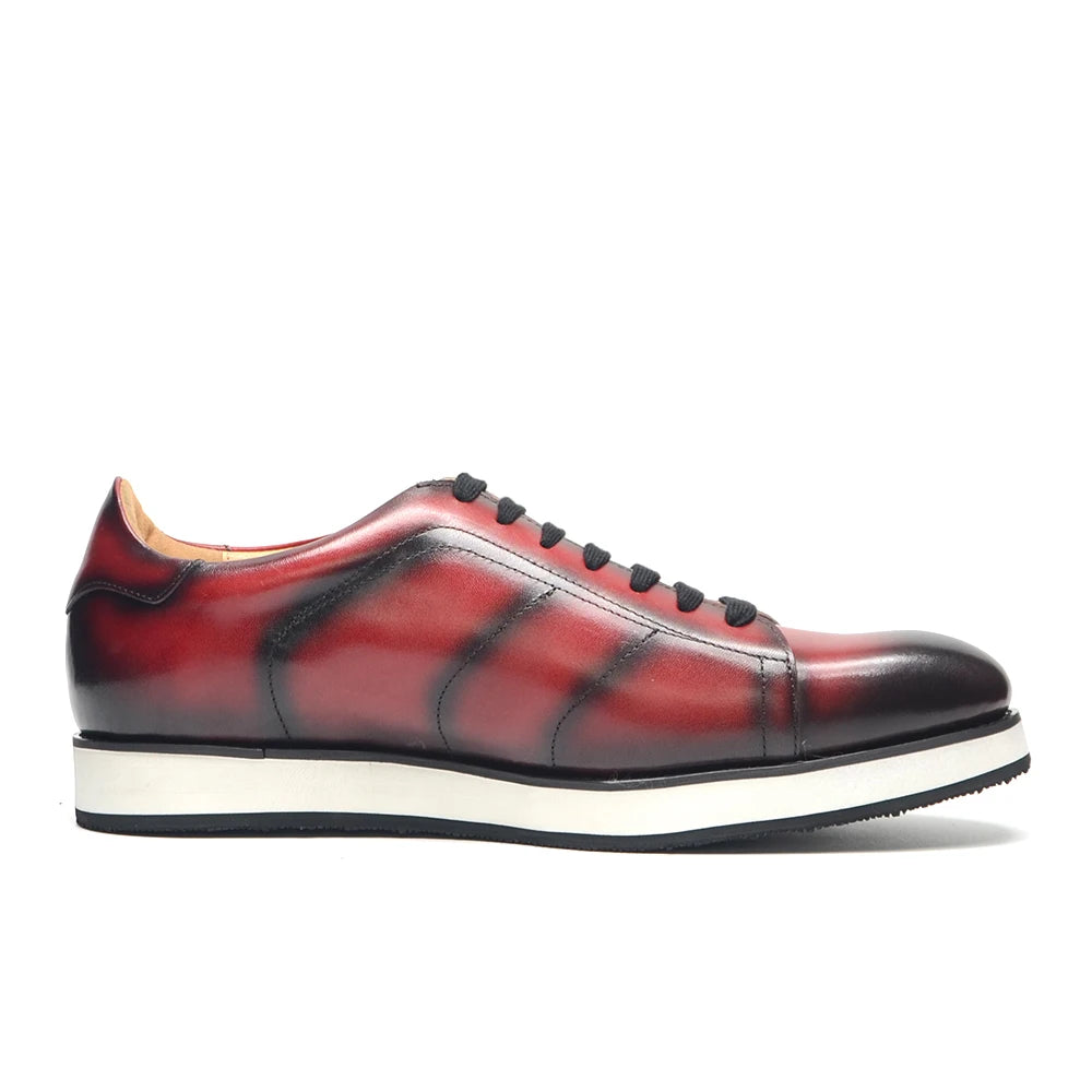 Men's Casual Dress Sneakers | Genuine Leather Hand-Painted Derby Skateboard Shoes (Black, Red) Luxegan