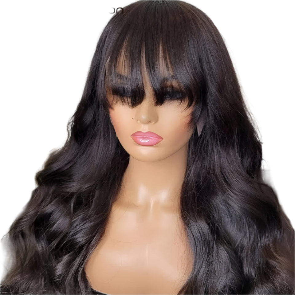22" Body Wave Wig with Bangs | Full Machine Made Brazilian Virgin Remy Human Hair Luxegan