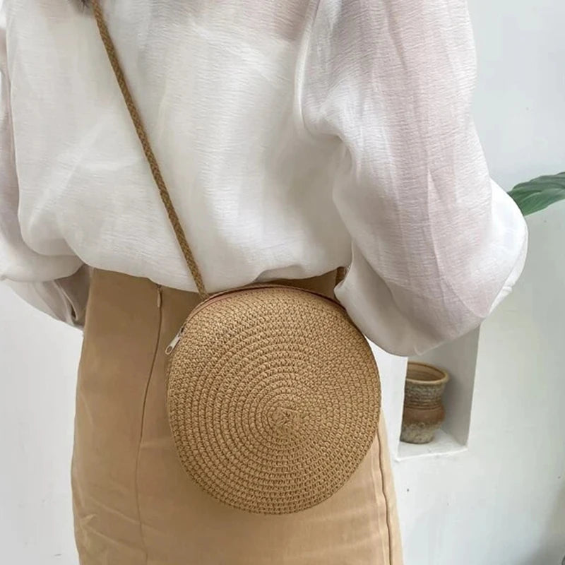 Round Straw Bag | Women's Woven Beach Crossbody Bag & Handmade Knitted Small Handbag Luxegan