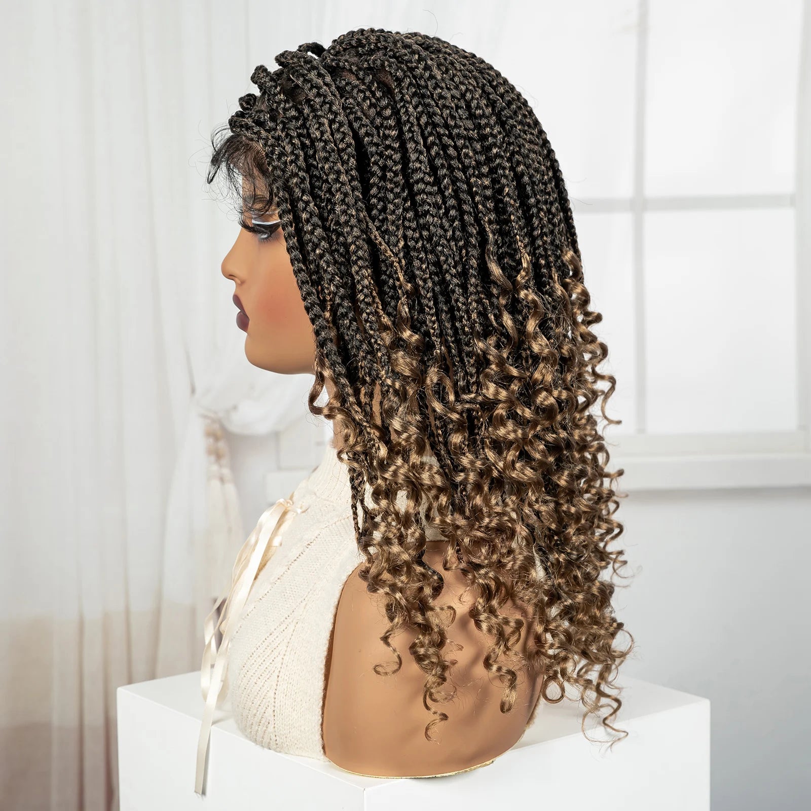 Ombre Boho Knotless Braids Bob Wig with Curly Ends | Full Lace Luxegan