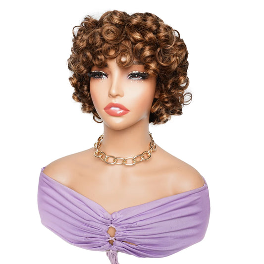 10-Inch Loose Wave Short Bob Human Hair Wig - 250% Density Full Machine-Made Glueless Wig - 100% Indian Remy Human Hair natural Color, Brown & Burgundy (#99J) Wig for Women Luxegan