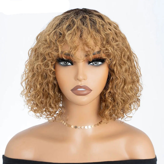 150% Density Ombre Honey Blonde Curly Bob Wig | Glueless Human Hair with Bangs Luxegan