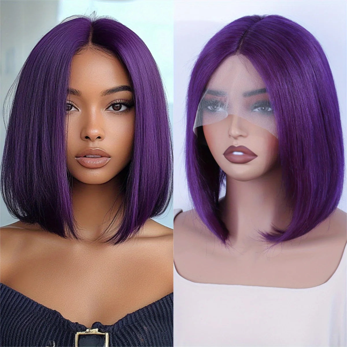 Purple Straight Bob Wig | 13x5x1 Brazilian Human Hair Lace Part with 180% Density (Party Style, Remy) Luxegan