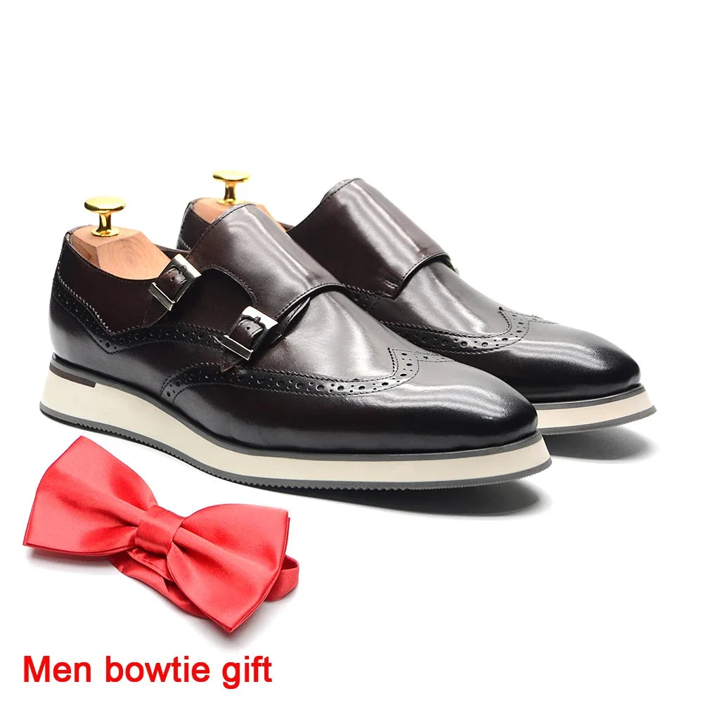Classic European Luxury Monk Strap Sneakers | Sophisticated Double Buckle Wingtip Brogue | Elegant "Genuine Cow Leather & Suede" Silhouette | "Dignified" Sheepskin Insole & Non-Slip Rubber for Radiant Versatile Styling Luxegan
