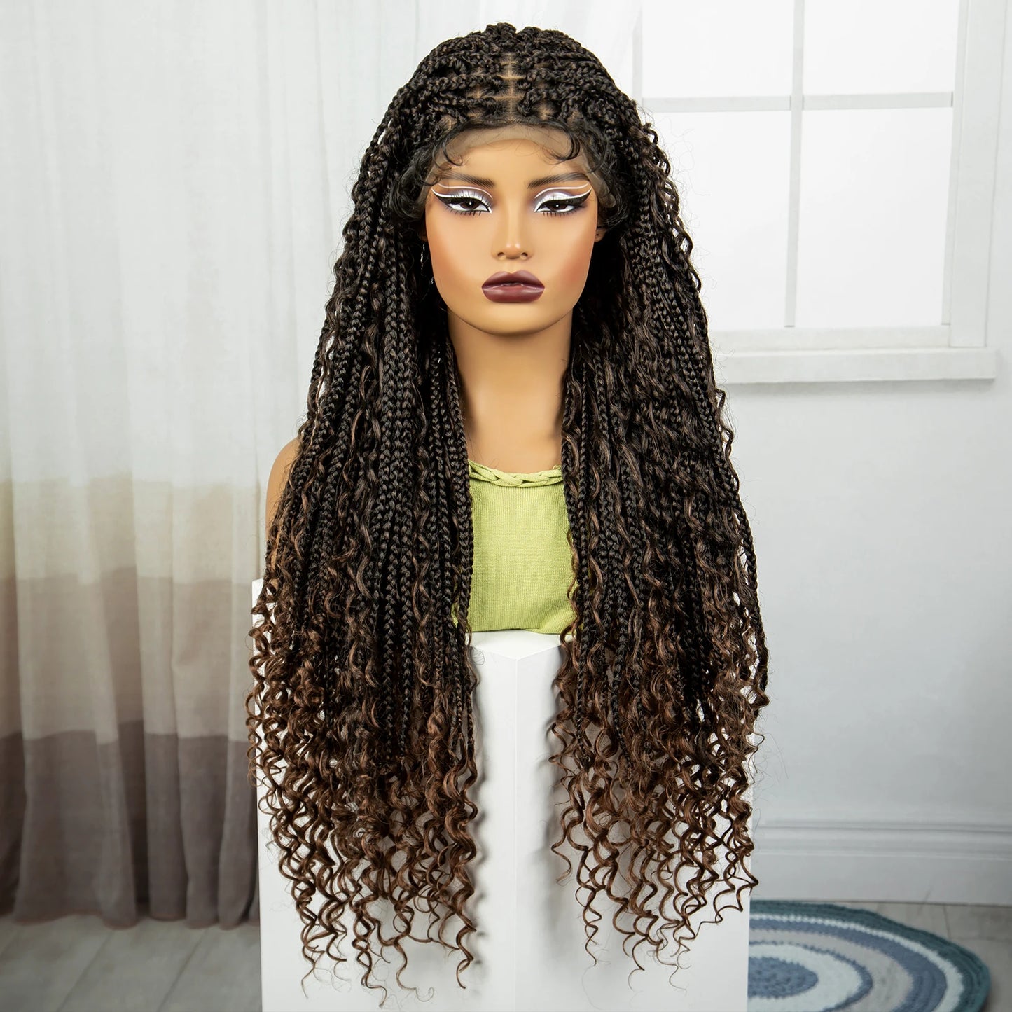 36" Knotless Box Braids Wig | Bohemian Style | Curly Ends | Lace Front | With Baby Hair | For Black Women