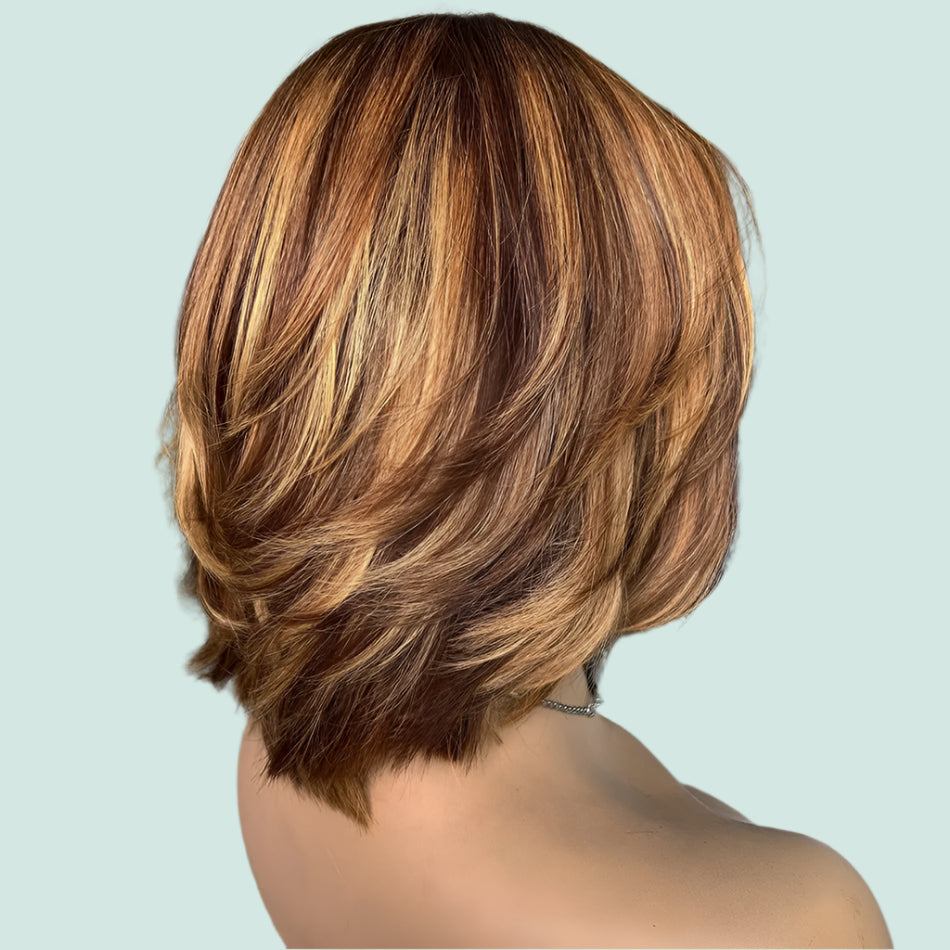 Honey Blonde Highlight Bob Wig with Bangs - Brazilian Remy Human Hair Scalp Top Wig