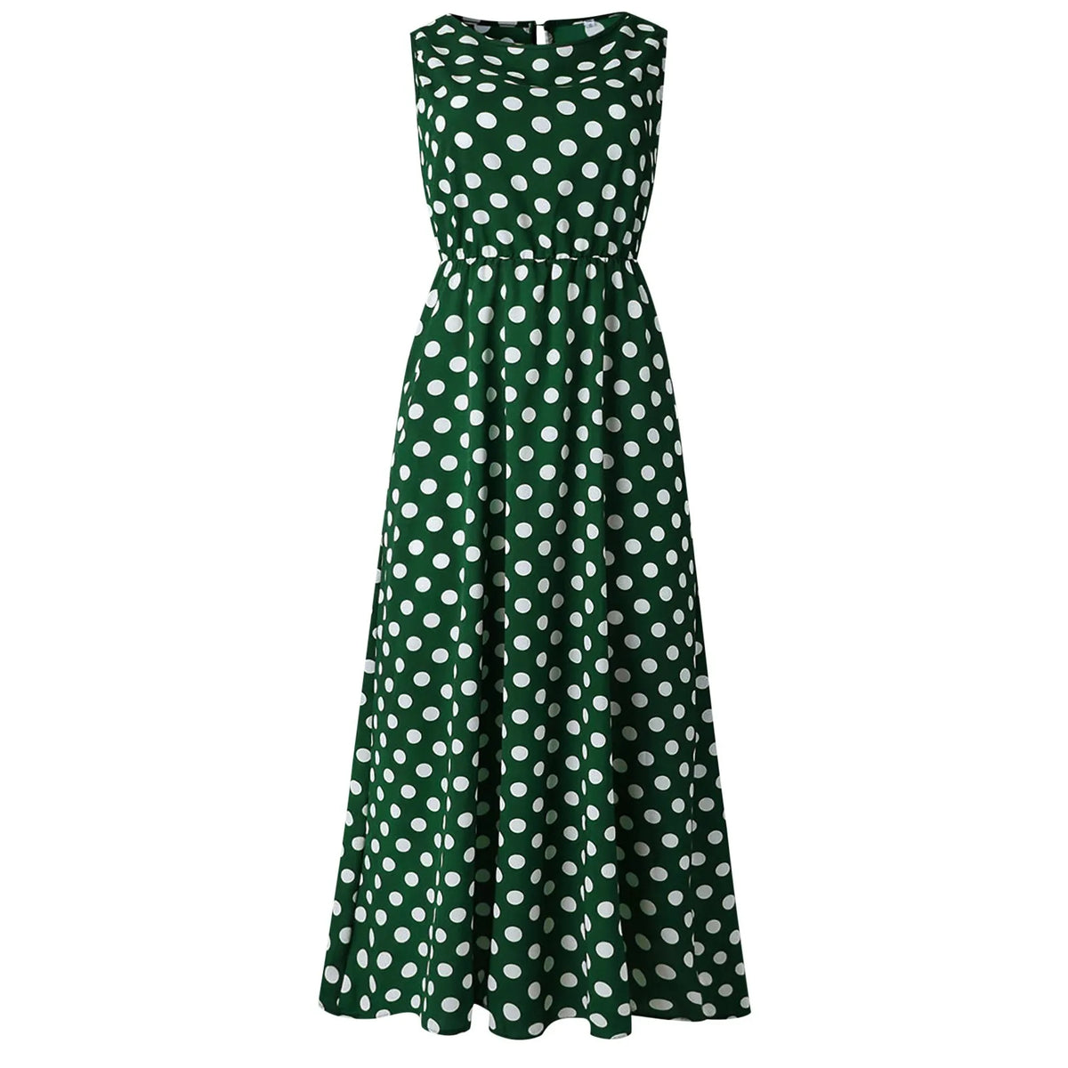 Women's Polka Dot Boho Summer Beach Sundress | Elegant Sleeveless Belted Evening Party Dress | Vintage O-Neck High Stretch Holiday Maxi Dress | Premium Cotton Polyester A-Line Luxegan