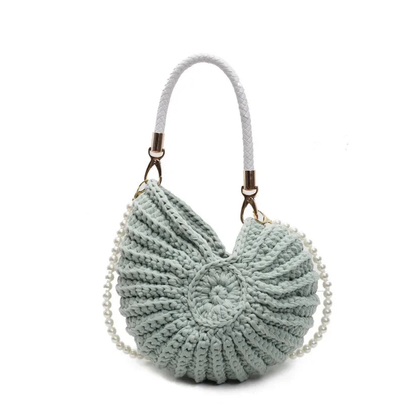 Crochet Conch Shell Bag | Elegant Pearl Chain Crossbody Purse Luxegan