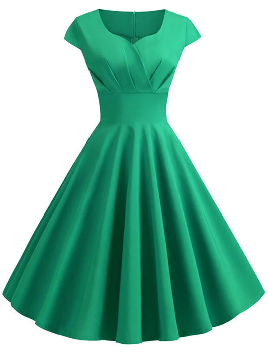 Women's Hepburn Vintage Rockabilly Pin-Up Dress | Elegant Retro Casual Party Midi Dress | Classic V-Neck Short Sleeve Sundress | Premium Tatting Slight Stretch Slim Fit A-Line Vestido Model WQ1307 Luxegan