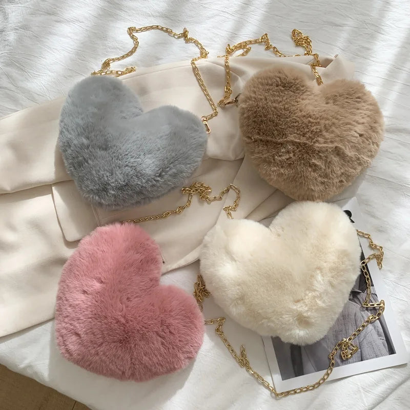Corduroy Floral Casual Tote | Soft Cute Heart-Shaped Faux Fur Chain Shoulder Bag Luxegan