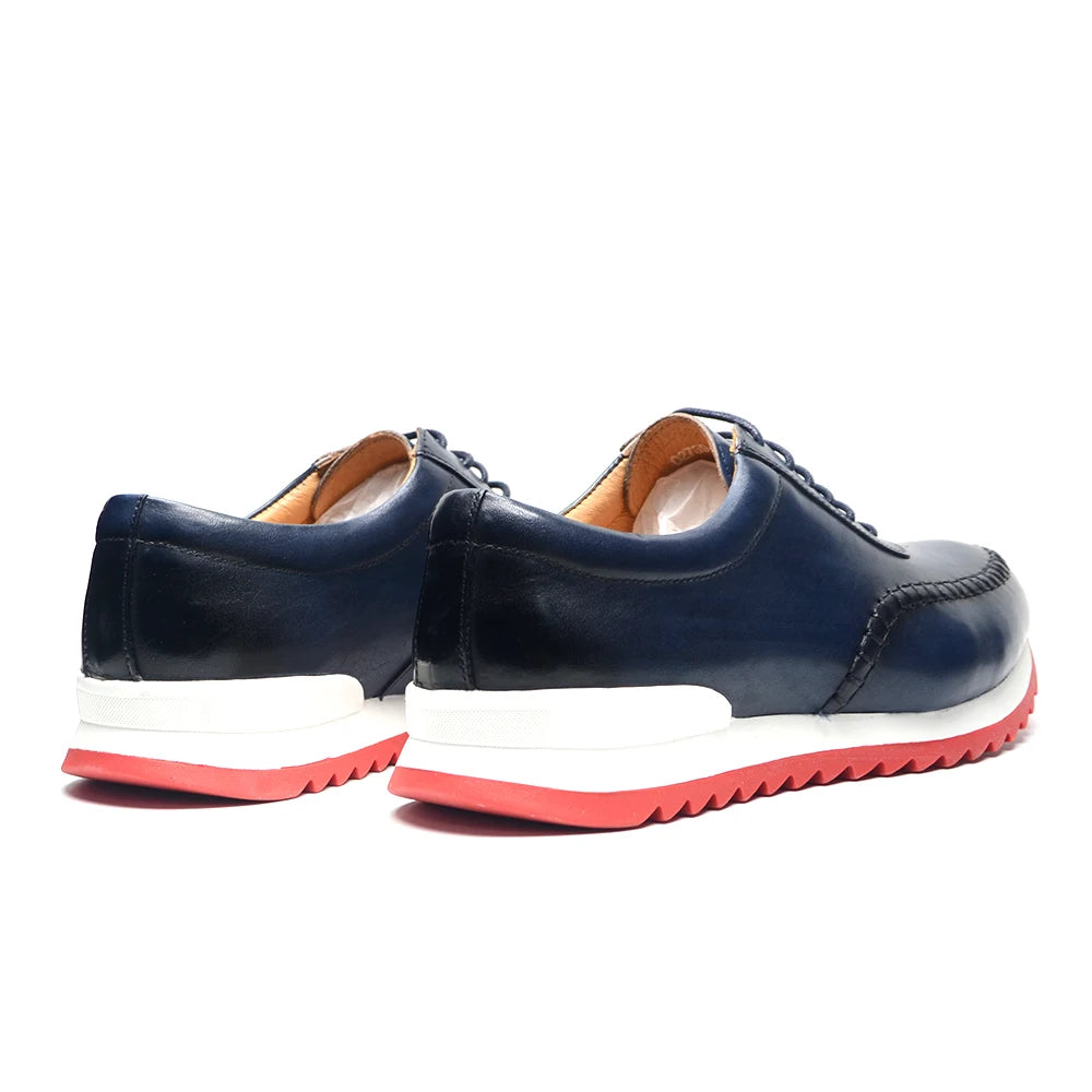 Classy Men's Genuine Leather Low Top Sneakers | Red Bottom Lace-Up Casual Dress Shoes (Breathable) Luxegan