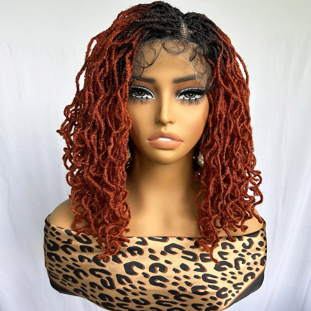 Synthetic 4x4 Lace Front Braid Wig 14inch Curly Faux Locs Dark Burgundy Large Parting Space Twist Dreadlock Wigs for Black Women Luxegan