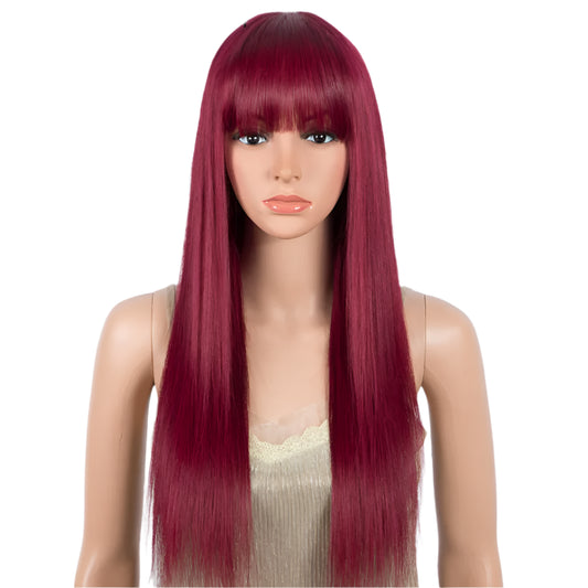 Burgundy Straight Wig with Bangs | "Put On & Go" Glueless Human Hair Luxegan