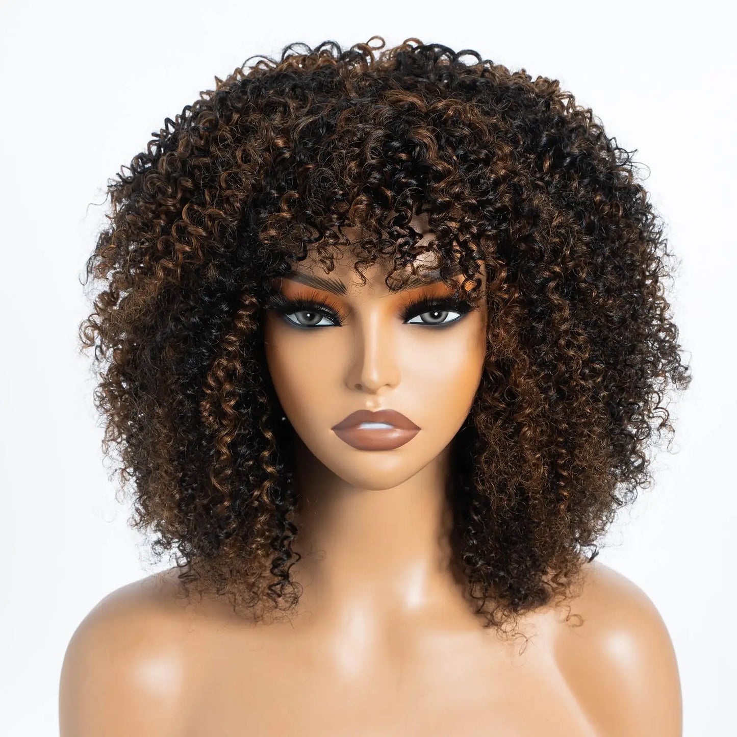 250% Density Blonde Highlight Sassy Curly Wig with Bangs | Glueless Brazilian Afro Kinky Remy Human Hair Luxegan