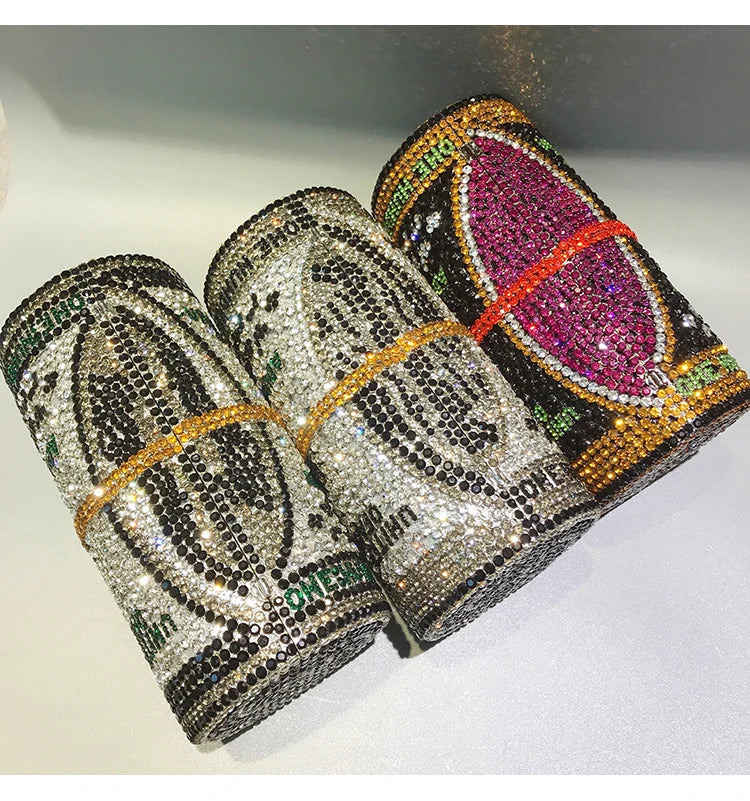 Shaped Crystal Luxury Evening Bag | Sophisticated Gorgeous Novelty Diamond Clutch | Elegant Barrel-Shaped Metallic Purse | "Dignified" Hard Shell Statement Accessory for Formal Party Styling Luxegan