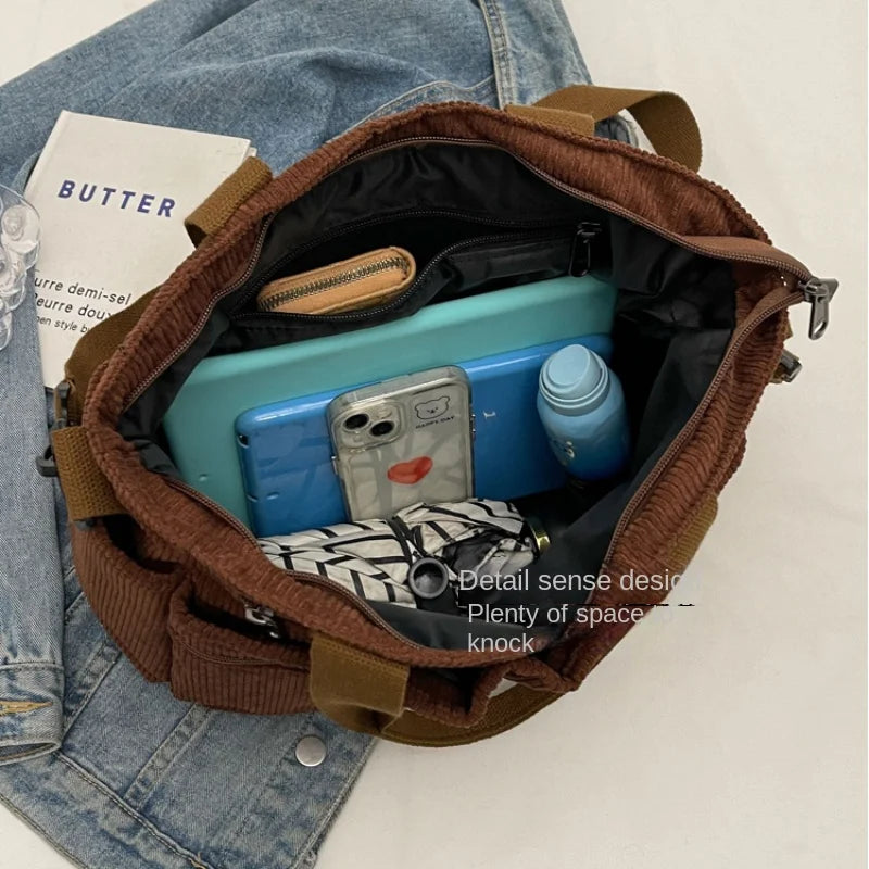 Female Large Capacity Corduroy Tote Bag | New Korean Style Fashion Women's Shoulder Crossbody Bag (Worker Commuter Handlebag)