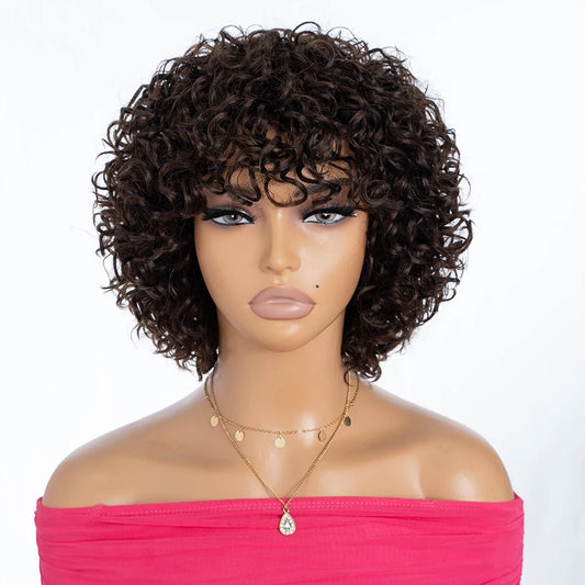 P4/27/30 Short Curly Deep Wave Human Hair Wig - Glueless Full Machine-Made Wear-and-Go Short Wig - 100% Brazilian Remy Human Hair Piano Highlight Honey Blonde & Auburn Curly Wig for Black Women Luxegan