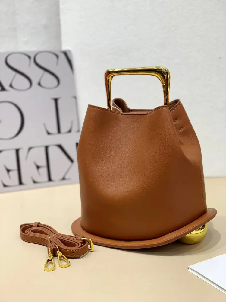 Stylish Irregular Bucket Tote Bag For Women High-end Metal Handle | PU Leather Shoulder Crossbody Bags Female Wedding Purse Clutch Luxegan