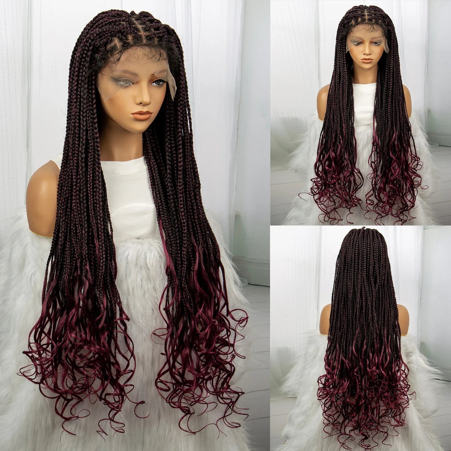 36 Inch Synthetic Braided Wigs Knotless Boho Braided Lace Wigs with Curly Ends Lace Front Braiding Hair Wig for Black Women Luxegan