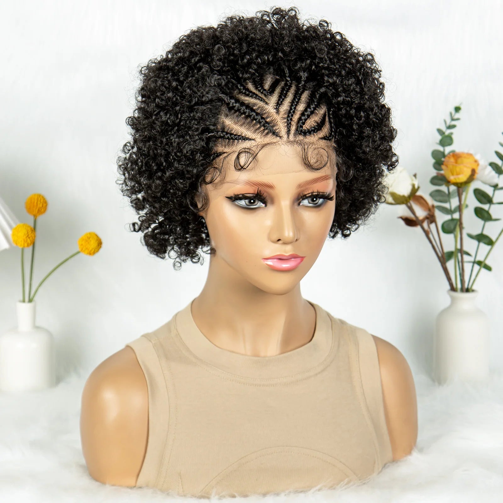 8" Afro Kinky Curly Bob Braided Wig | 13x4 Lace Frontal | Half Cornrows | Synthetic Braids for Black Women Luxegan