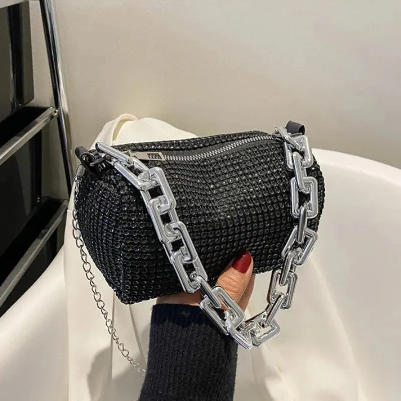 ABS Pillow Shaped Bucket Bag | Moderate Hardness Allover Rhinestone Glitter Chain Crossbody Luxegan
