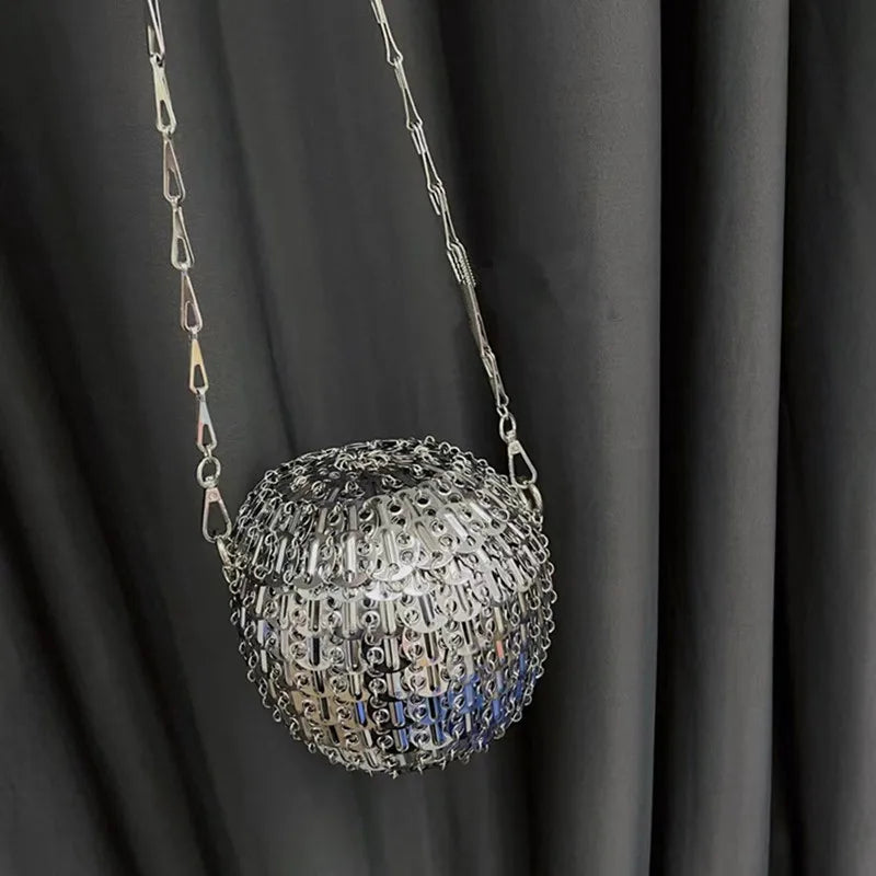 Designer Aesthetic Handmade Woven Metal Bag | Luxury Metal Sheet Ball Shoulder Bag | Elegant Hollow Out Evening Purse | Fashionable Metallic Holiday Party Crossbody Luxegan