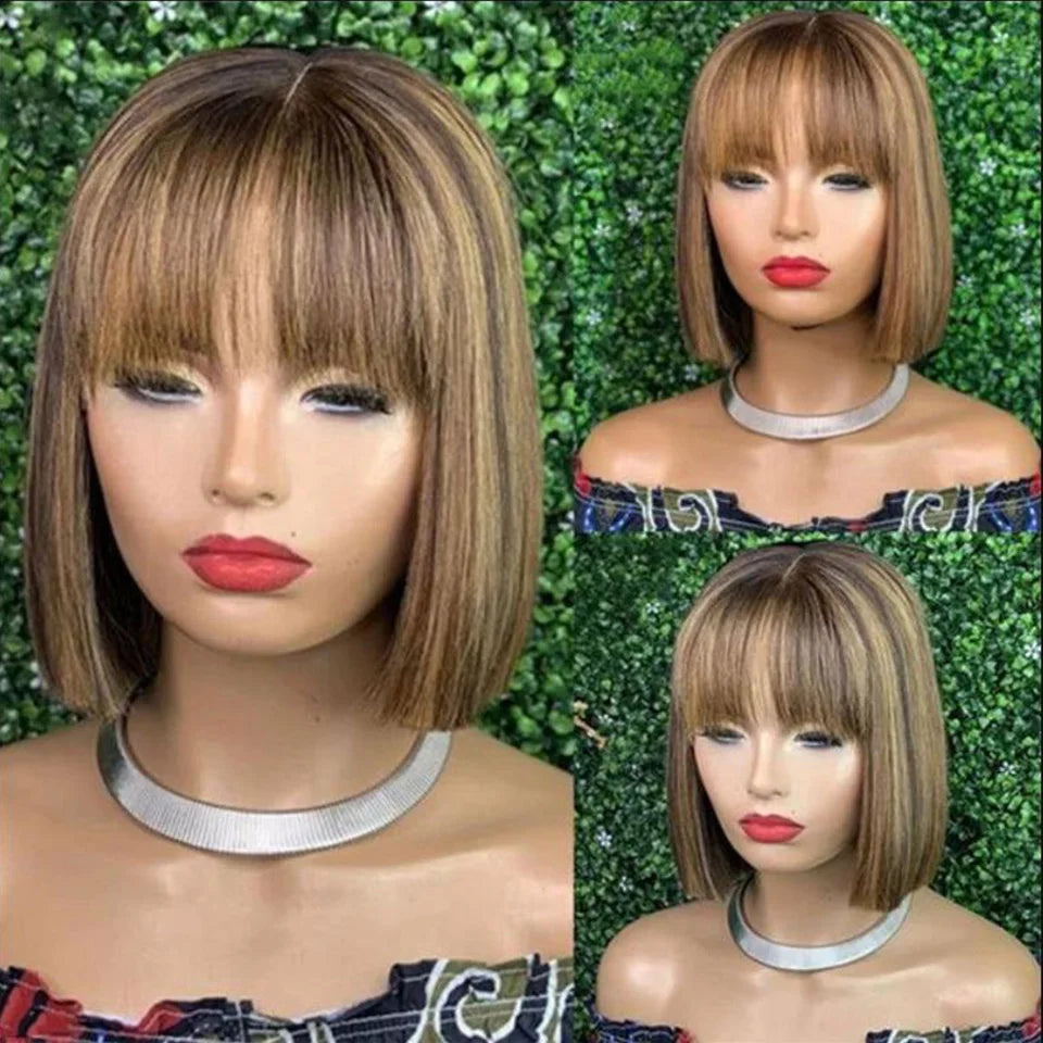 #27 Brown Straight Bob Wig with Bangs | Human Hair Lace Top & Realistic Scalp Luxegan