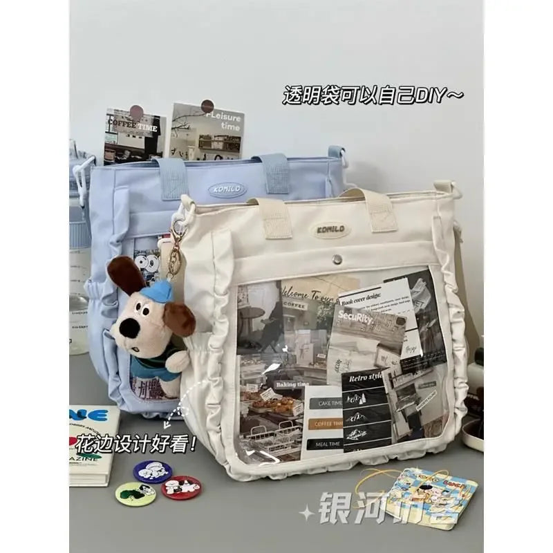 Cute Ulzzang Ita Bag | Large Capacity Nylon Tote Shoulder Bag | Japanese Harajuku College Crossbody with DIY Badges Display Plate Luxegan