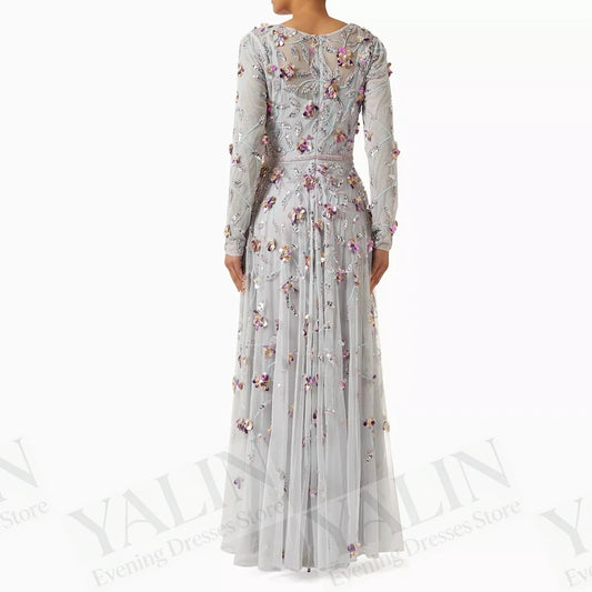 Sequined Floral A-Line Prom Dress | O-Neck Full Sleeve Ankle-Length Evening Gown Luxegan