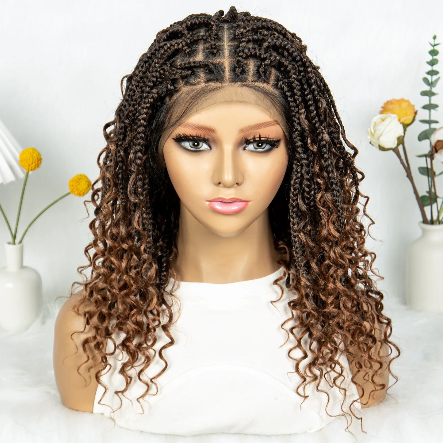 Short Bohemian Box Braids Wig | Full Lace | Curly Ends | Baby Hair | Synthetic Boho Wig Luxegan