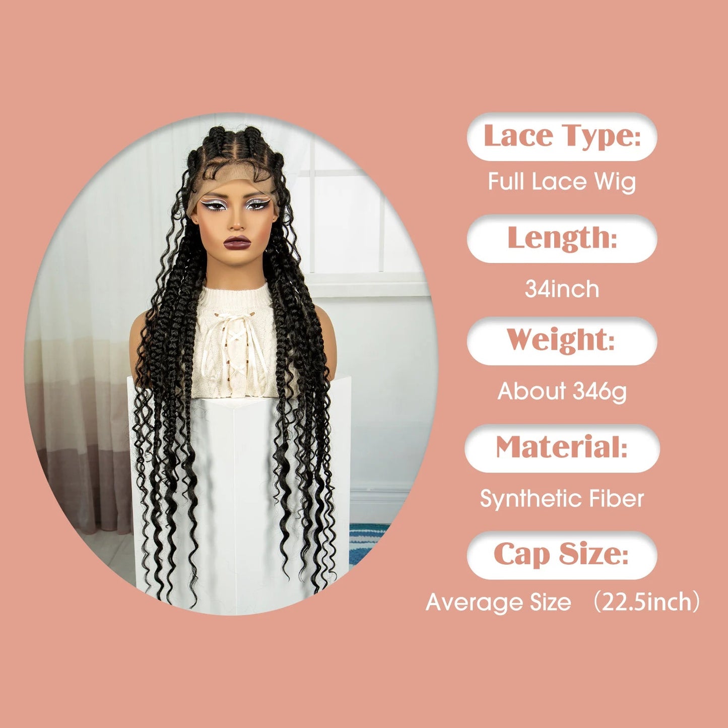 34" Twisted Cornrow Full Lace Braided Wig | Baby Hair | Synthetic Lace Front Braids | Black Women Luxegan