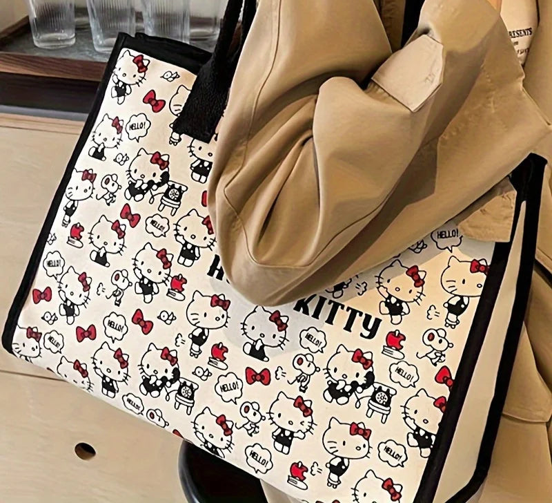 Hello Kitty Canvas Handbag | Large Capacity Zipper Shoulder Bag & Weaving Tote Luxegan