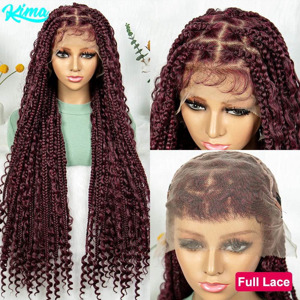 Burgundy Bohemian Box Braids Wig | HD Lace Front | Knotless Goddess Braids | Synthetic Hair